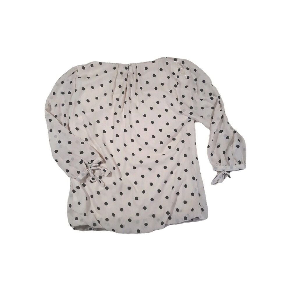 Roz & Ali Polka Dot Blouse Cream Black Tie Sleeve Bow Cuff Round Neck Top SZ M - Picture 2 of 10